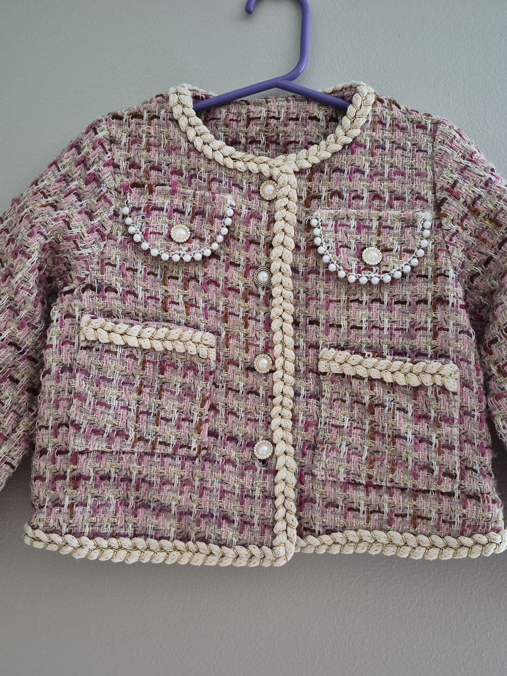 Girls' Pink Tweed Braided Trim Jacket
